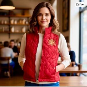 Ralph Lauren Women's Sport Red Quilted Vest with Gold Crest